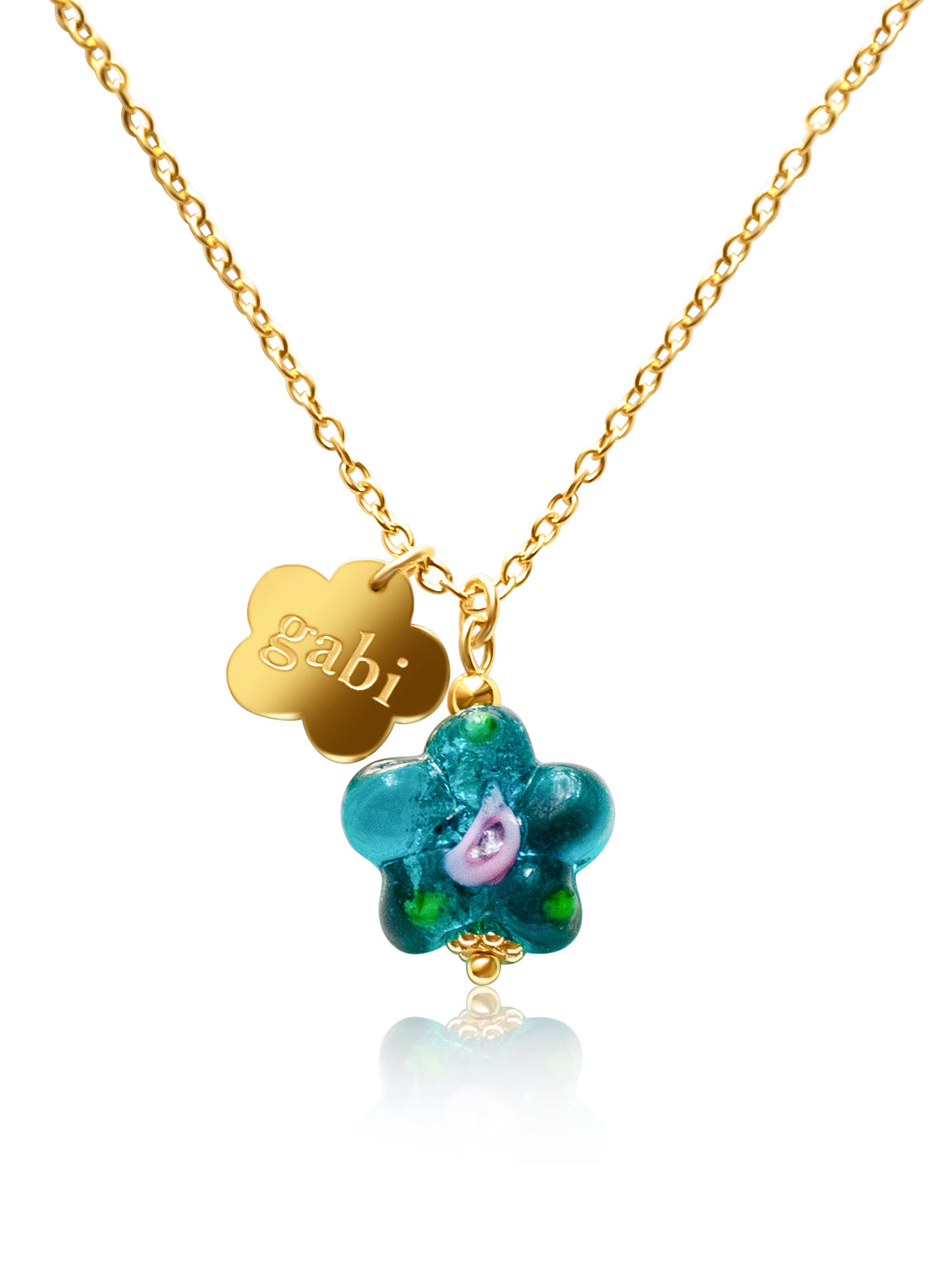 Gold Chunky Hoops - Teal-Green Glass Flower, Gabi Flower