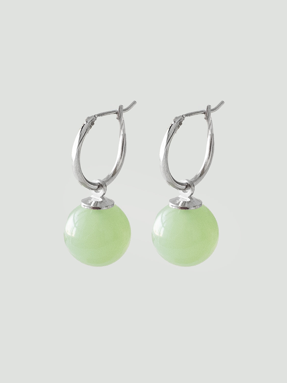 Green Jade Ball Hoops, S925 - Silver