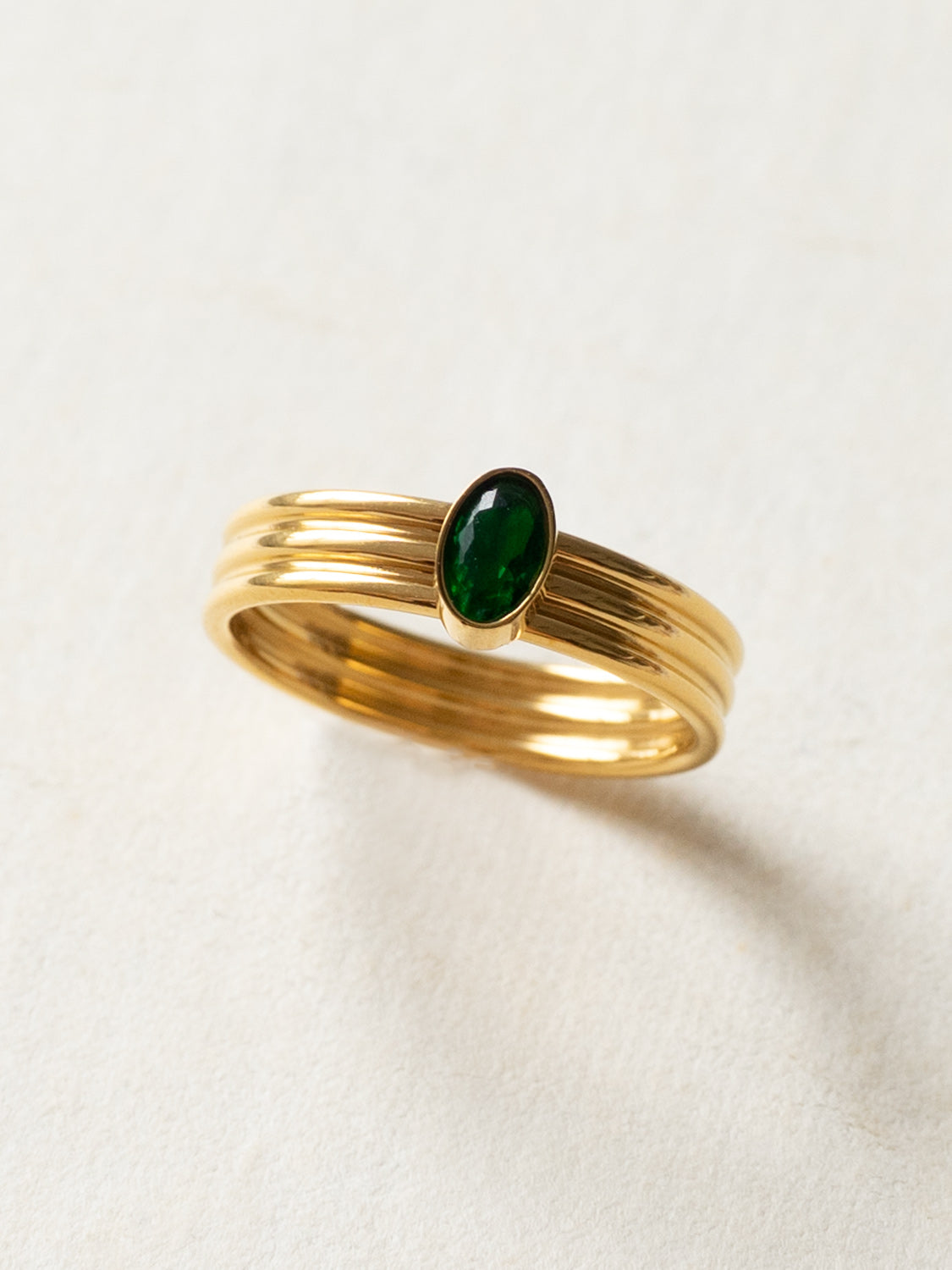 Green Oval Gemstone Ring, Stainless Steel - Gold