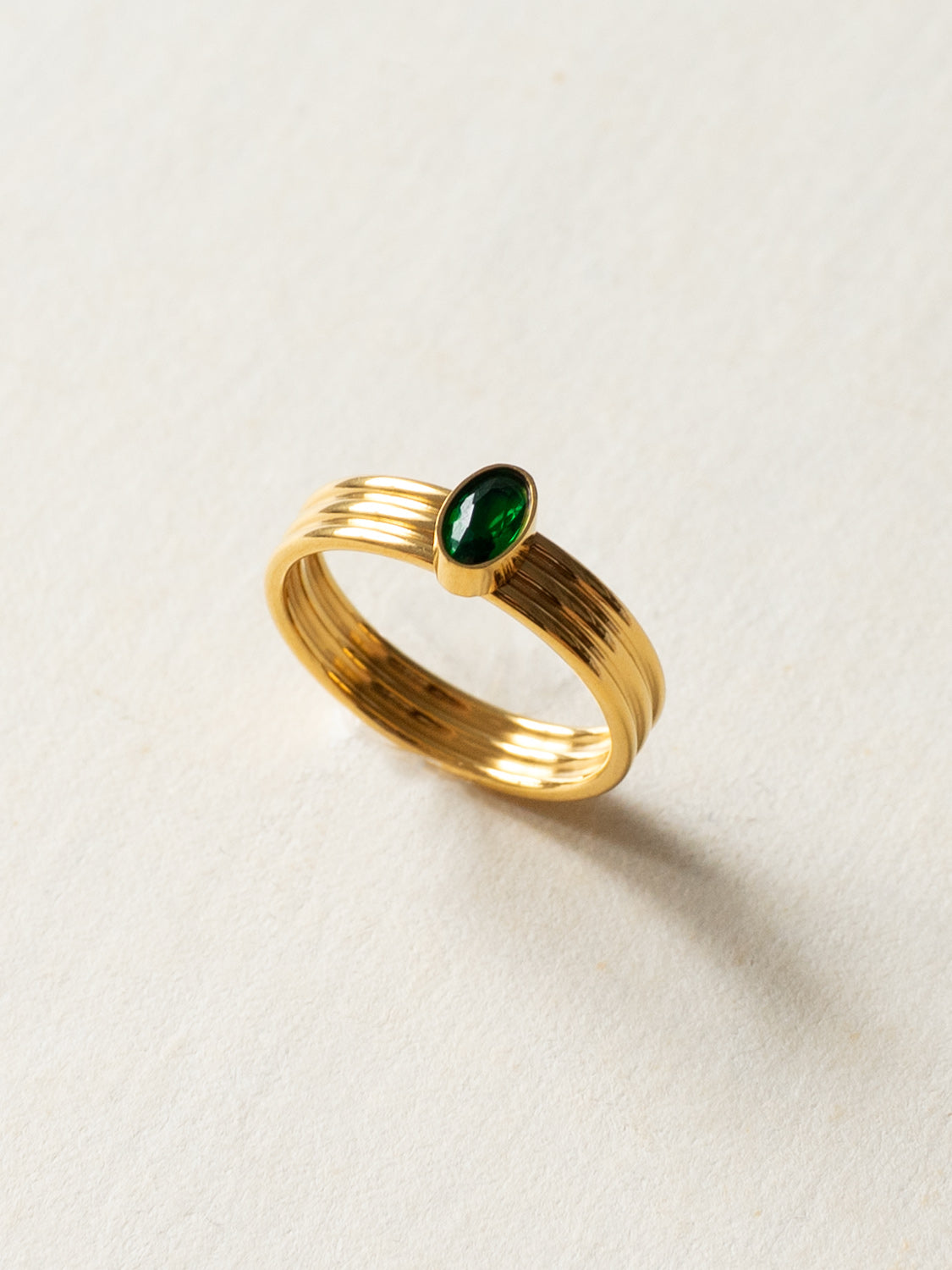 Green Oval Gemstone Ring, Stainless Steel - Gold