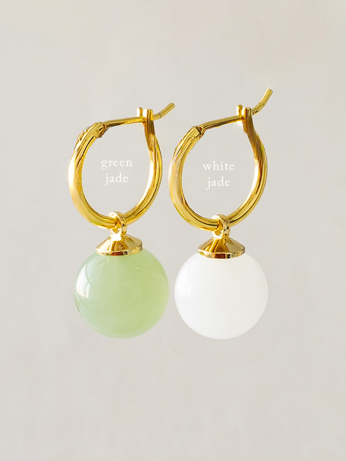 White Jade Ball Hoops, S925 - Gold