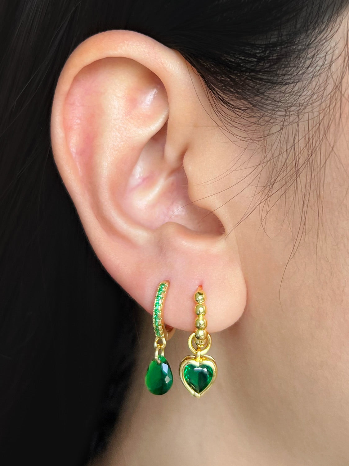 Boba Huggies with Heart Gemstone, S925 - Emerald Green, Gold