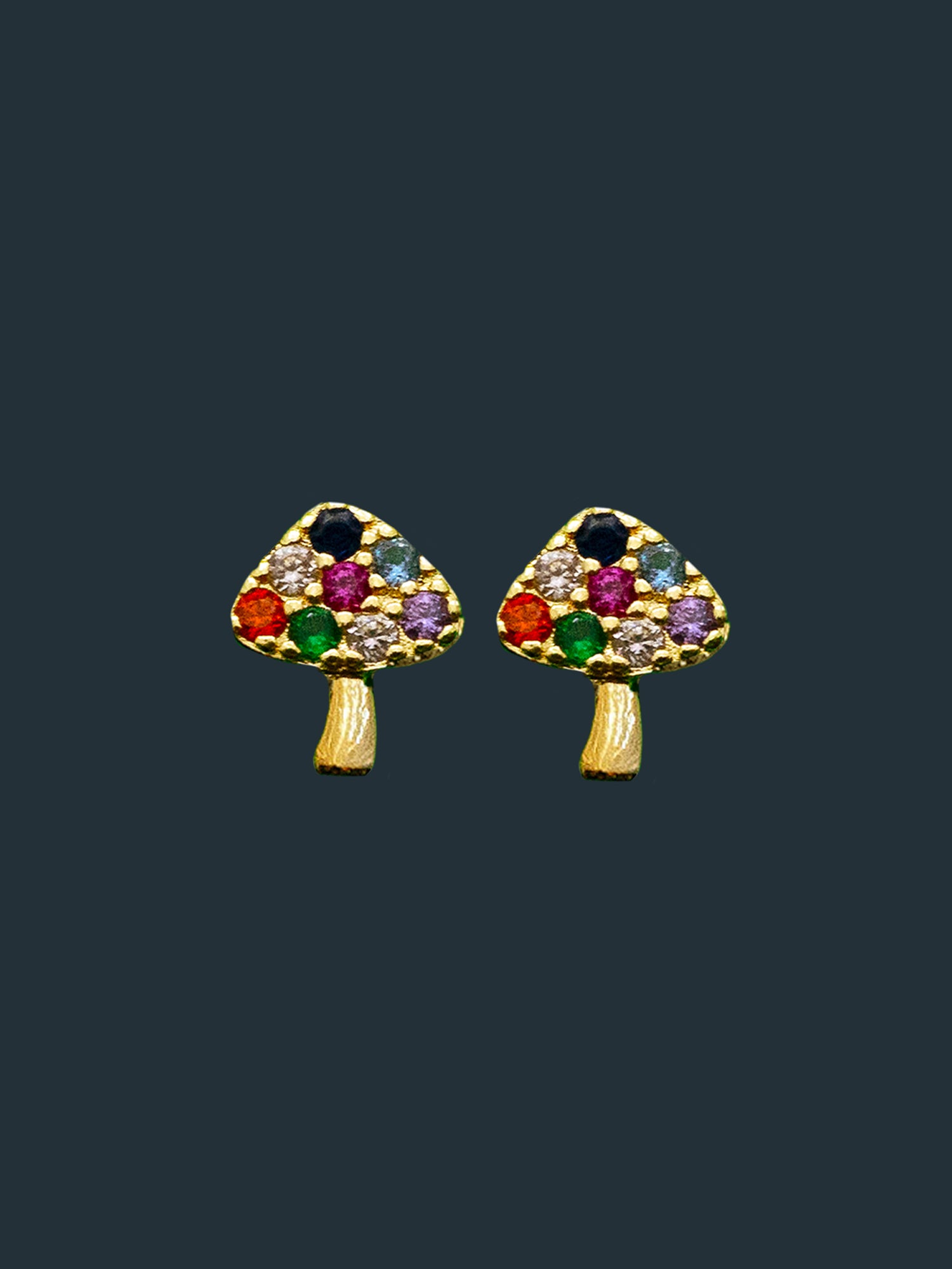 Happy Mushroom Earstuds, S925 - Clear Gemstones, Gold
