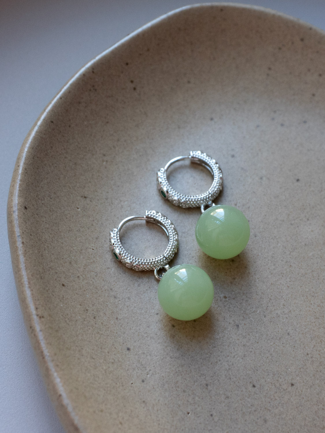 Intricate Huggies, S925 - Silver, Light Green Jade