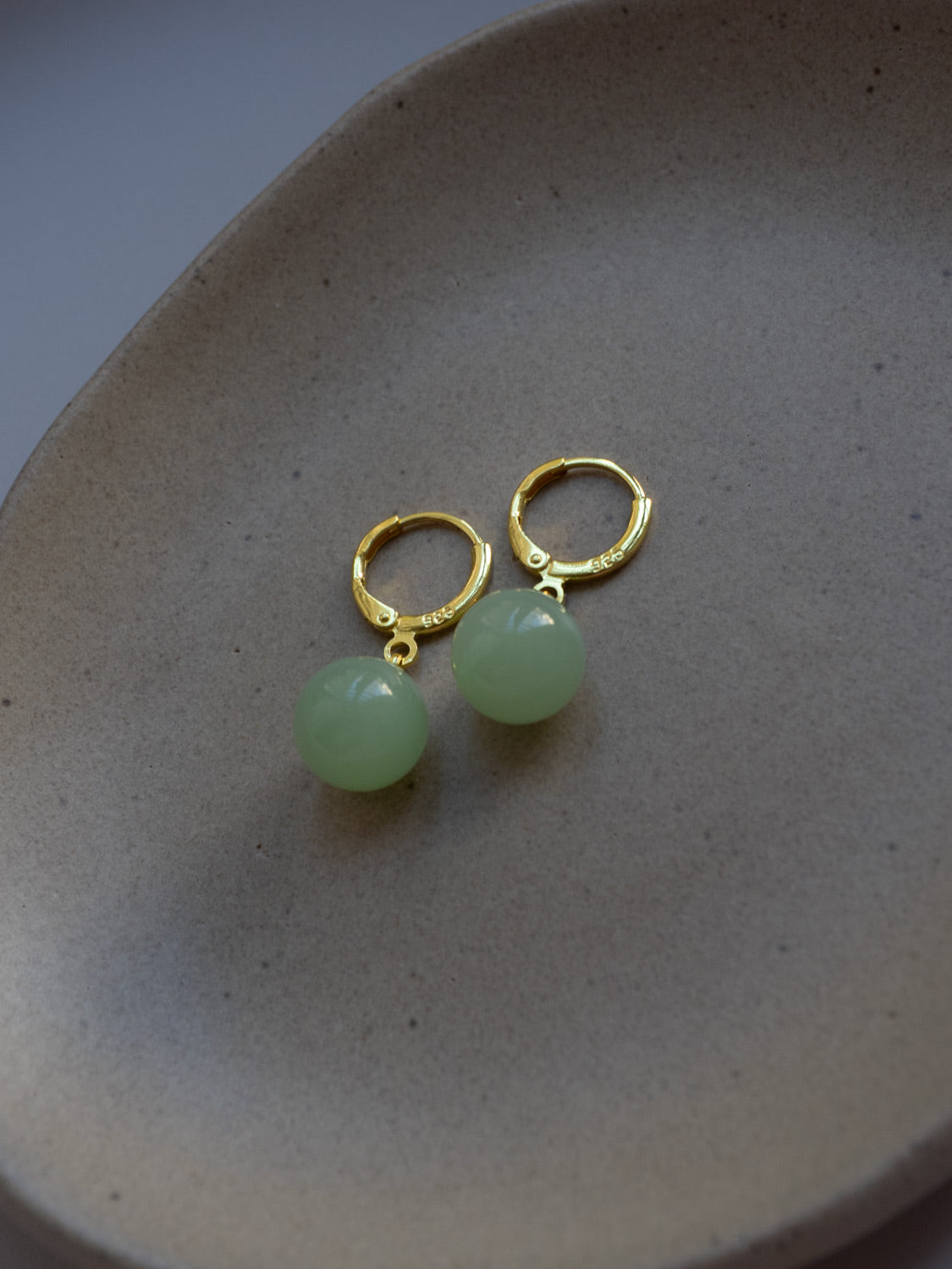 Jade Ball Huggies  S925   Gold  Light Green2