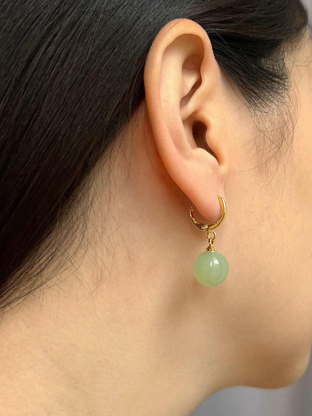 Jade Ball Huggies, S925 - Gold, Light Green