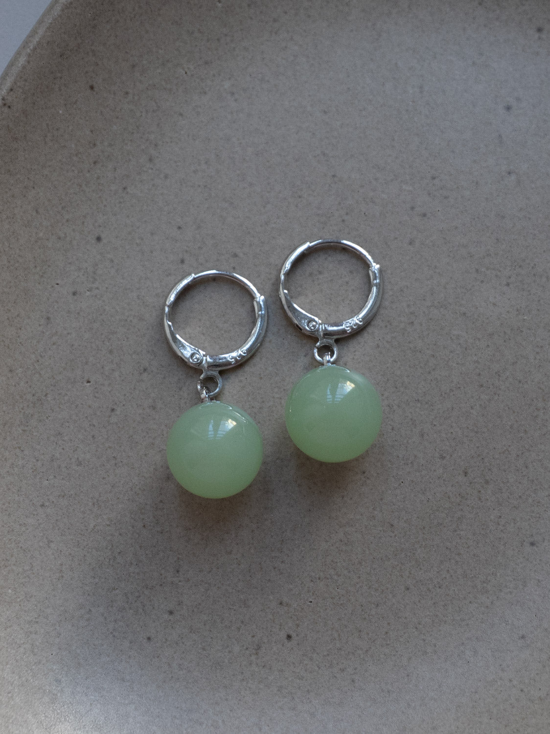Jade Ball Huggies  S925   Silver  Light Green1