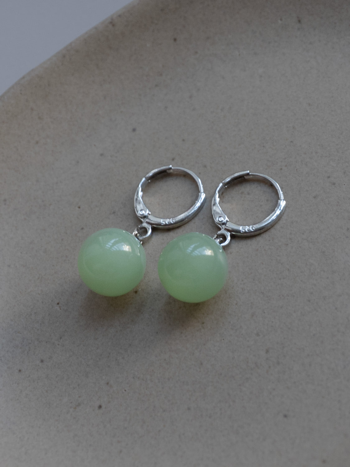 Jade Ball Huggies, S925 - Silver, Light Green