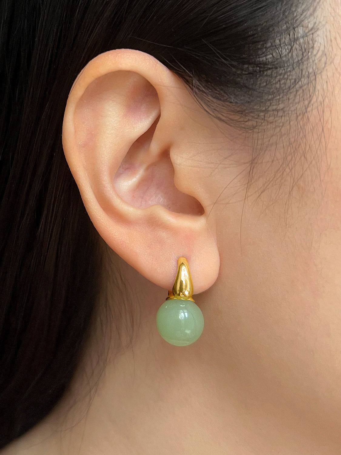 Jade Ball Mini Hoops, S925 - Gold, Light Green
