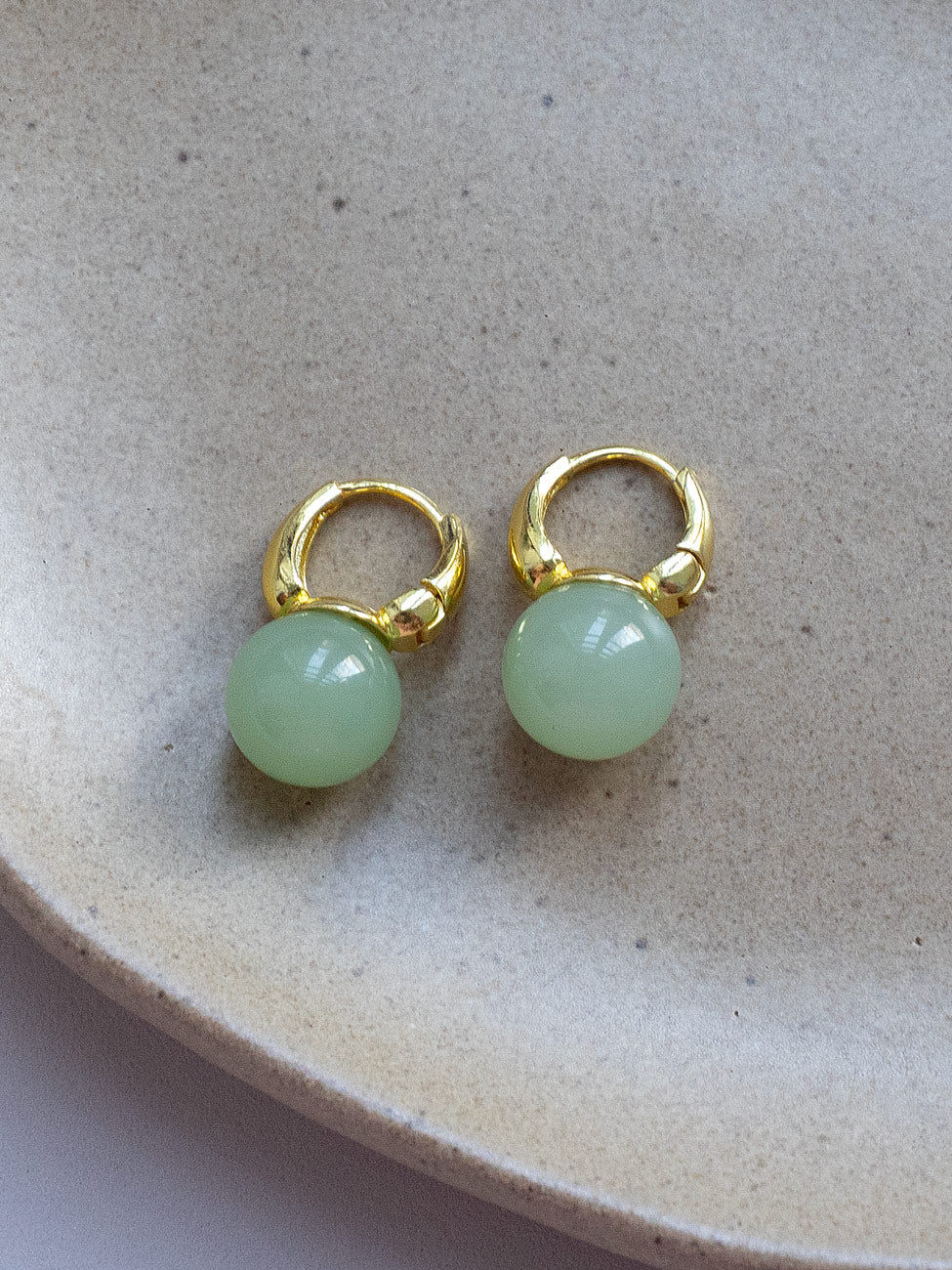 Jade Ball Mini Hoops, S925 - Gold, Light Green