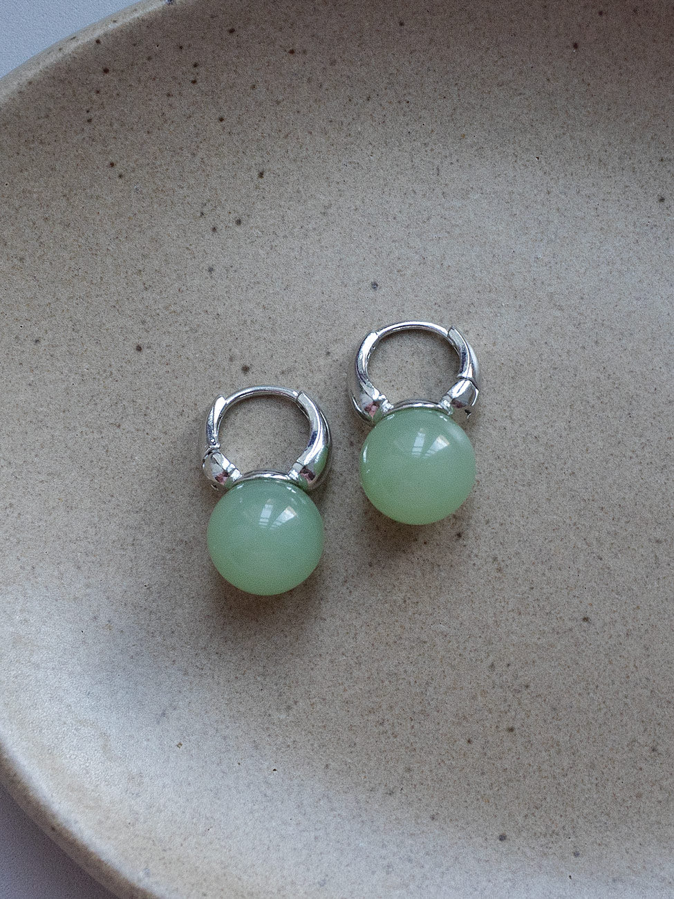 Jade Ball Mini Hoops  S925   Silver  Light Green1