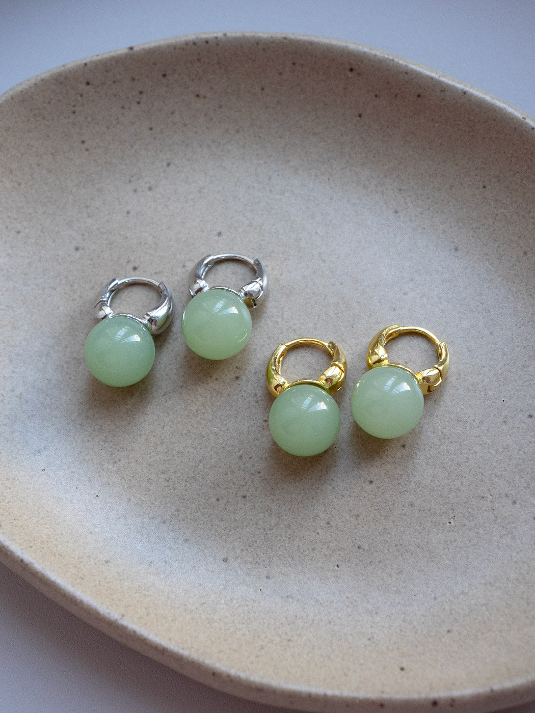 Jade Ball Mini Hoops, S925 - Gold, Light Green