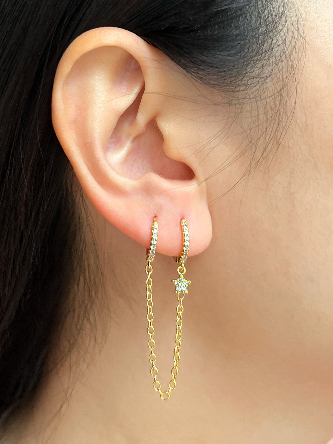 Little Star Chain Huggies  S925   Clear  Gold3