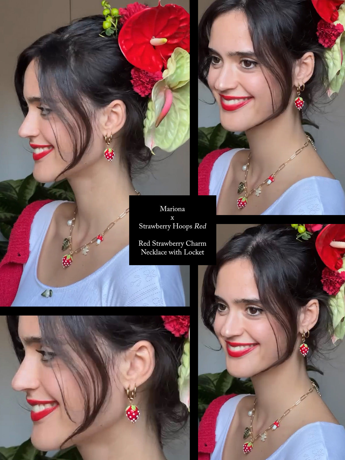 Collier de charme de fraise rouge avec médaillon