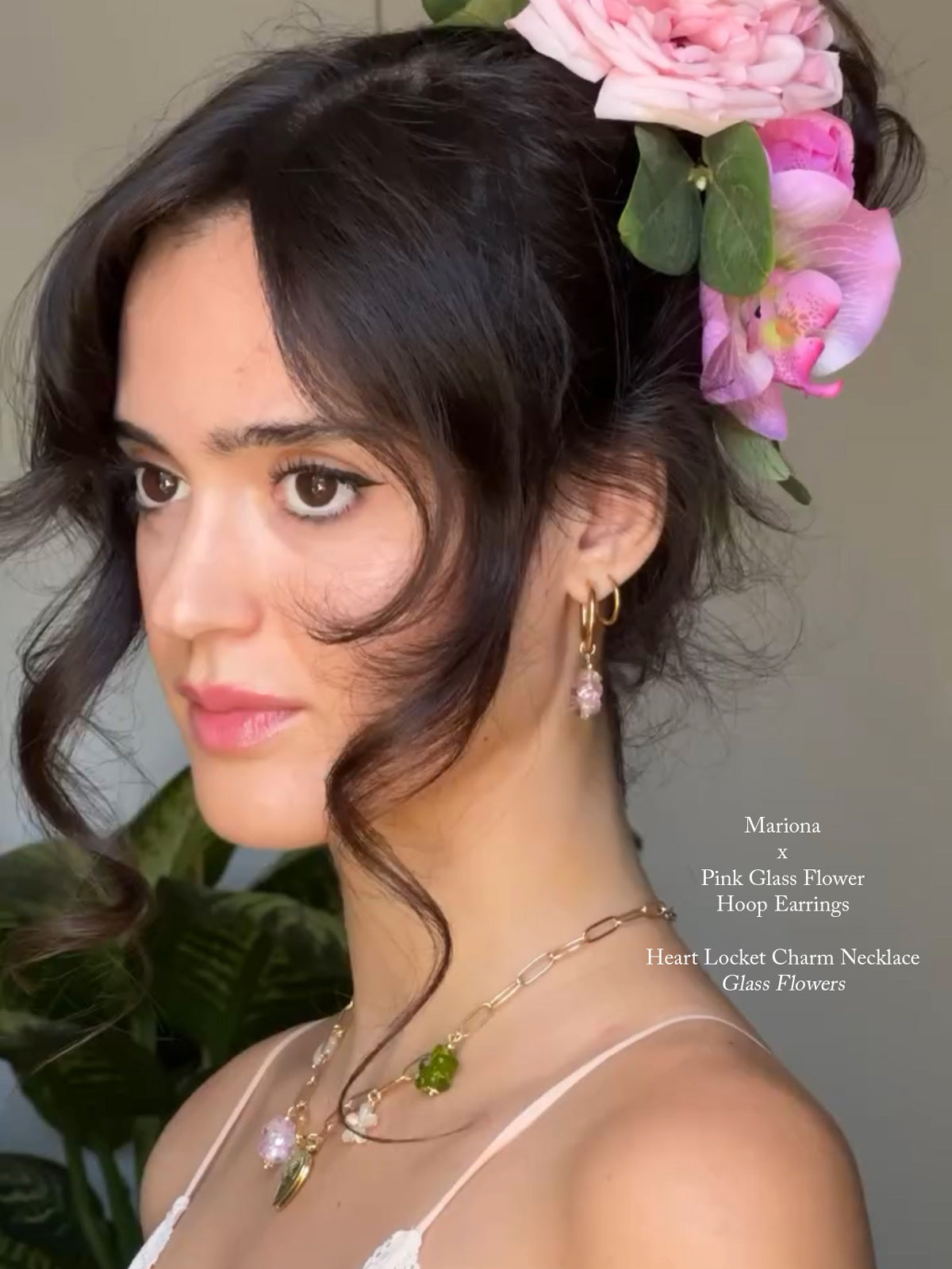 Pink Glass Flower Hoop Earrings