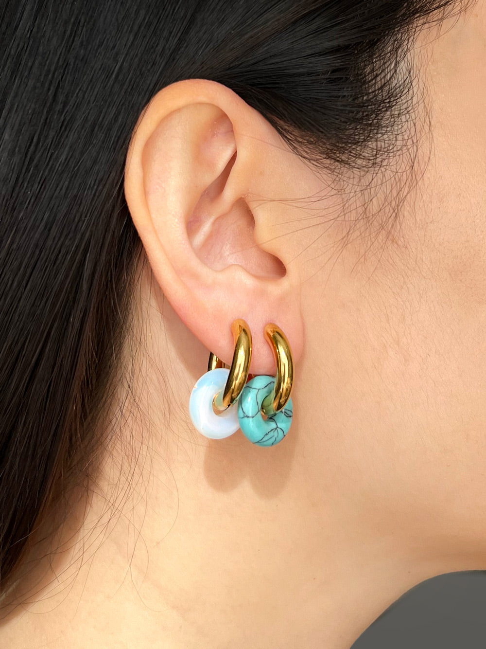 Mini Donut Hoops  Gold   Blue Turquoise   Opal   model