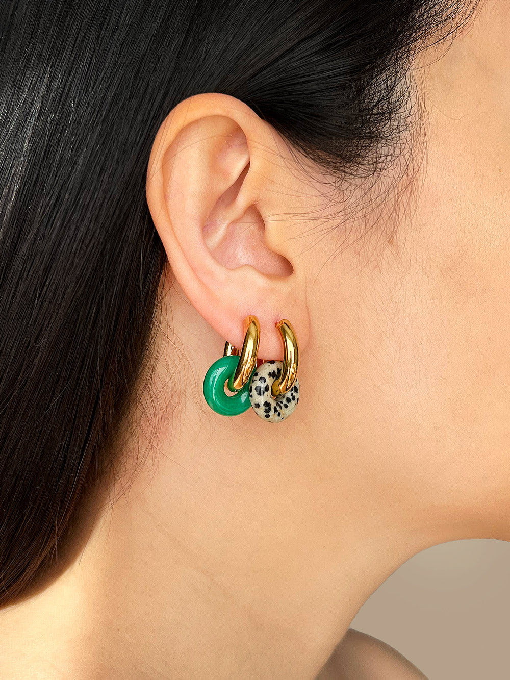 Mini Donut Hoops, Gold - Green Agate