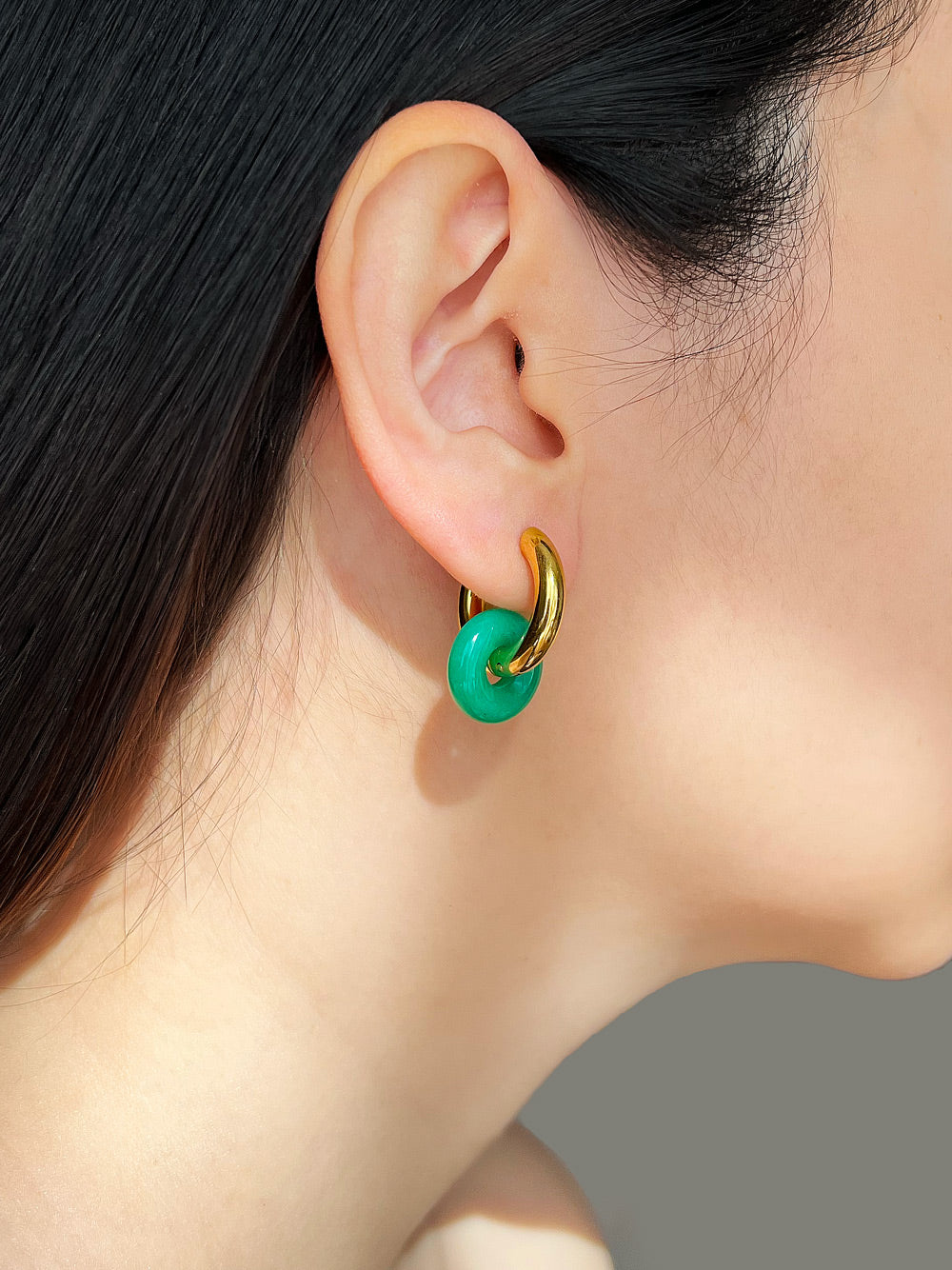 Mini Donut Hoops, Gold - Green Agate