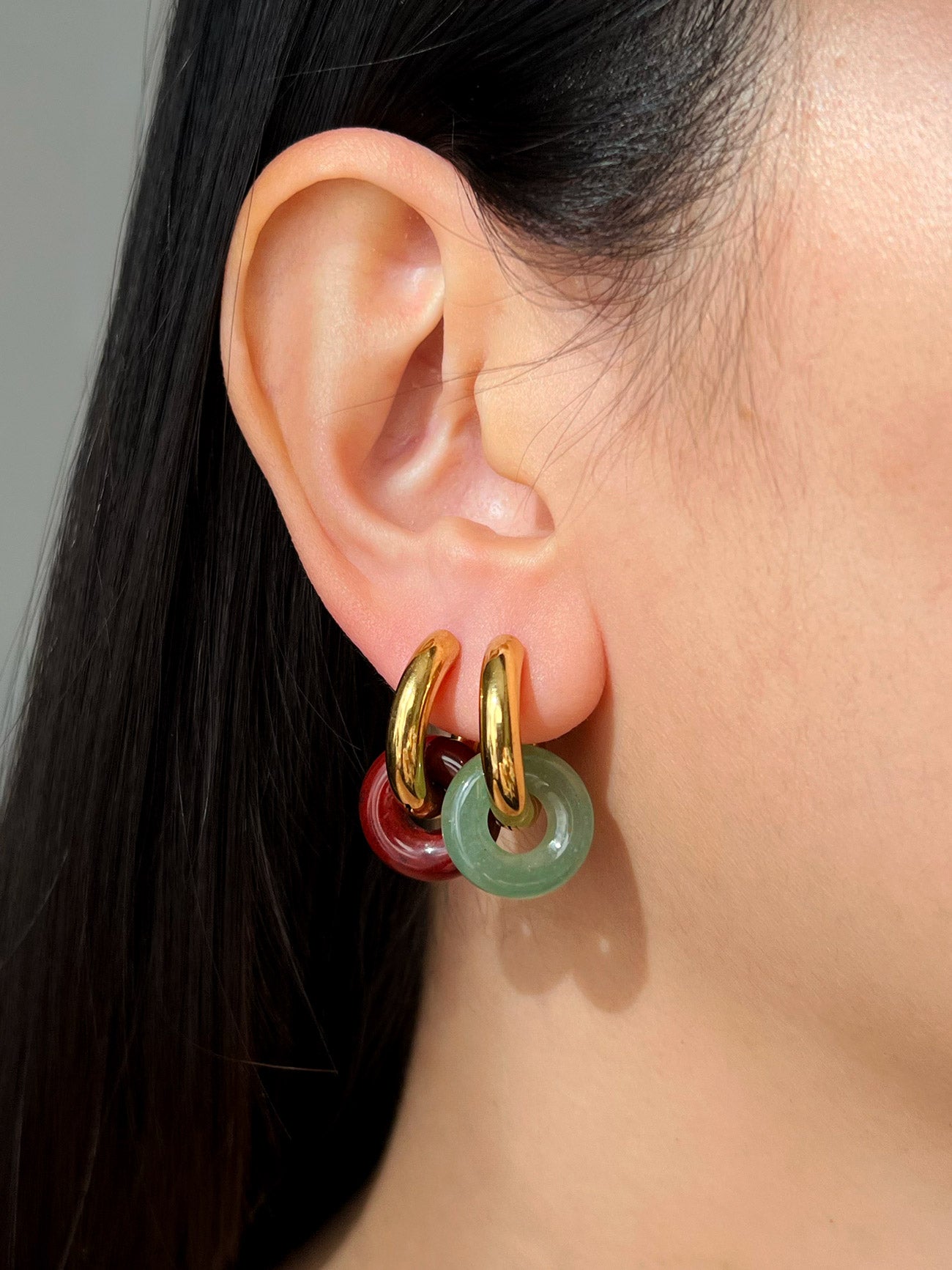 Mini Donut Hoops  Gold   Green Aventurine   Dark Red  model