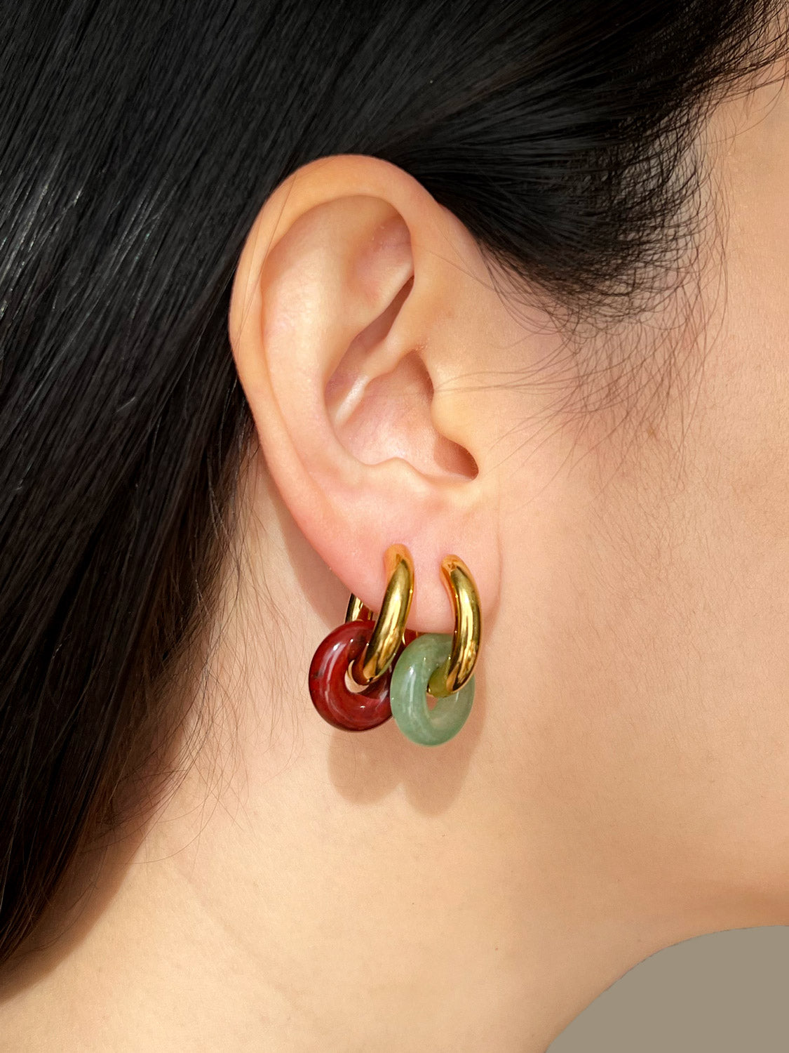 Mini Donut Hoops  Gold   Red Jasper   Green Aventurine model