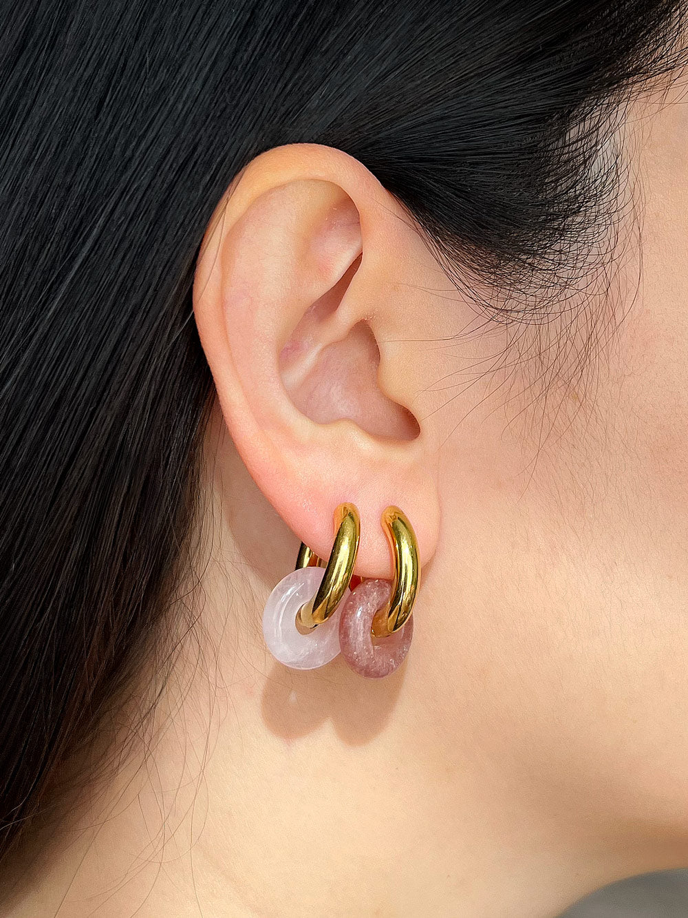 Mini Donut Hoops, Gold - Rose Quartz