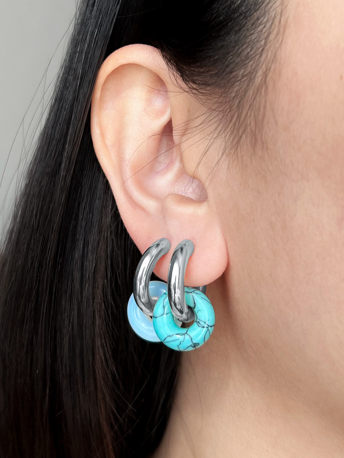 Mini Donut Hoops  Silver   Blue Turquoise   Opal   model