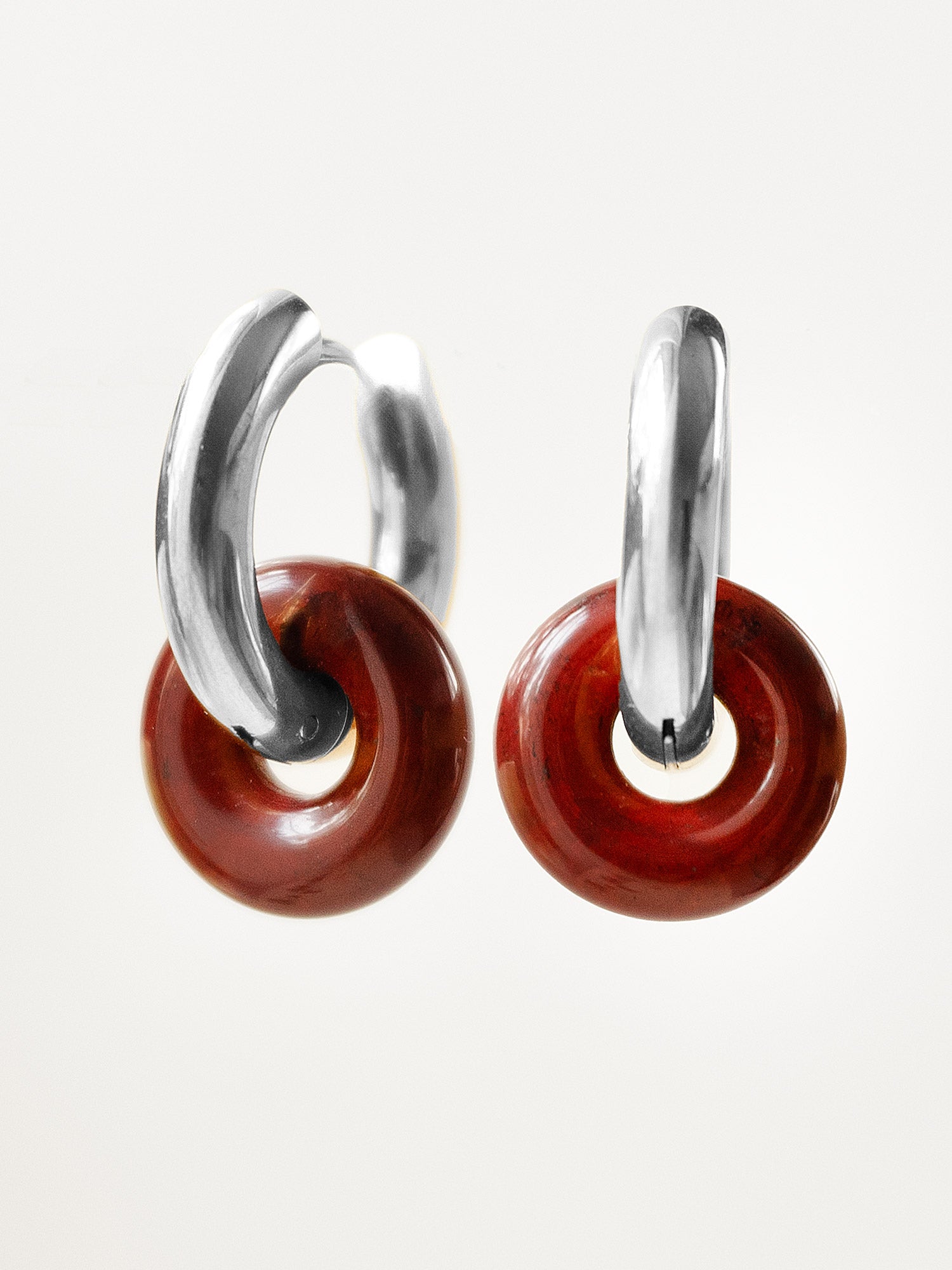 Mini Donut Hoops  Silver   Dark Red Stone