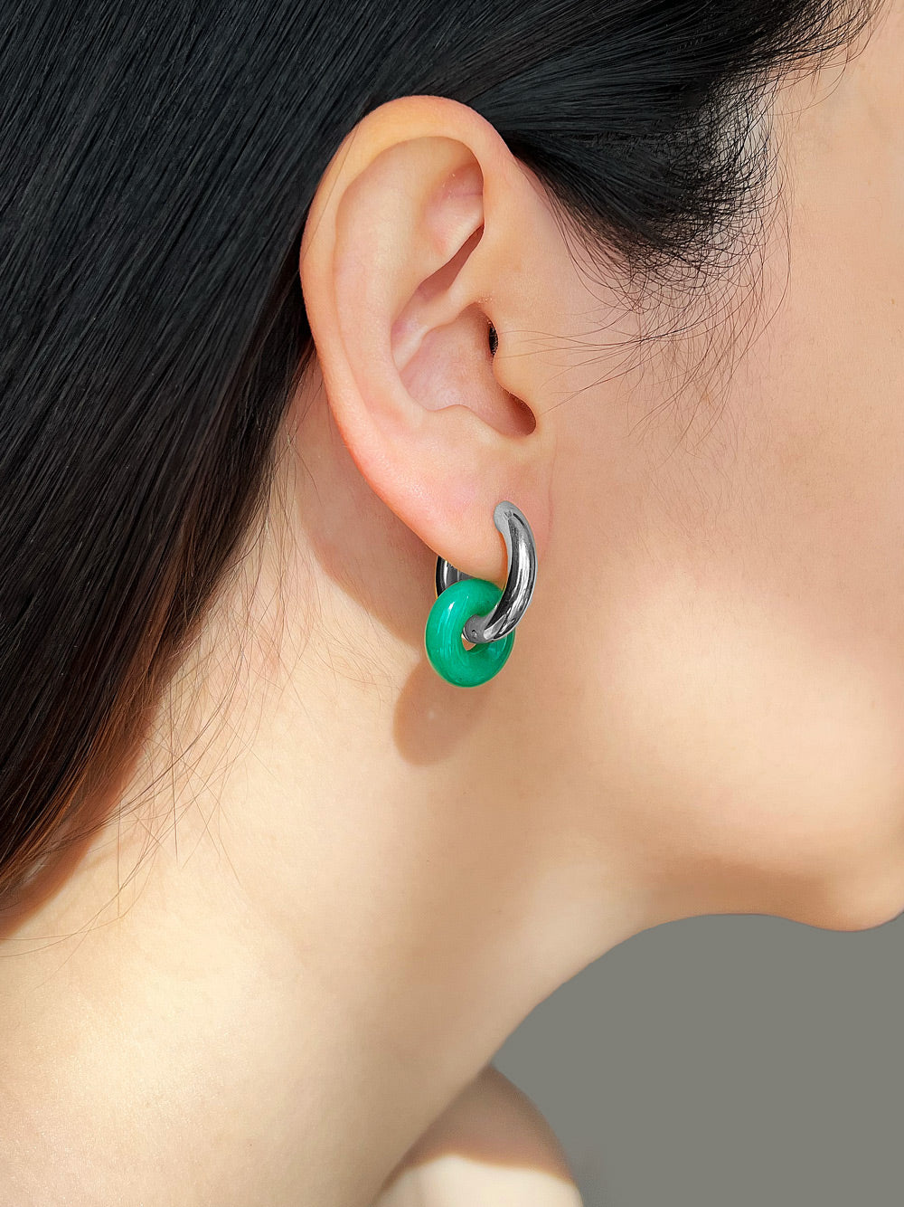 Mini Donut Hoops, Silver - Green Agate