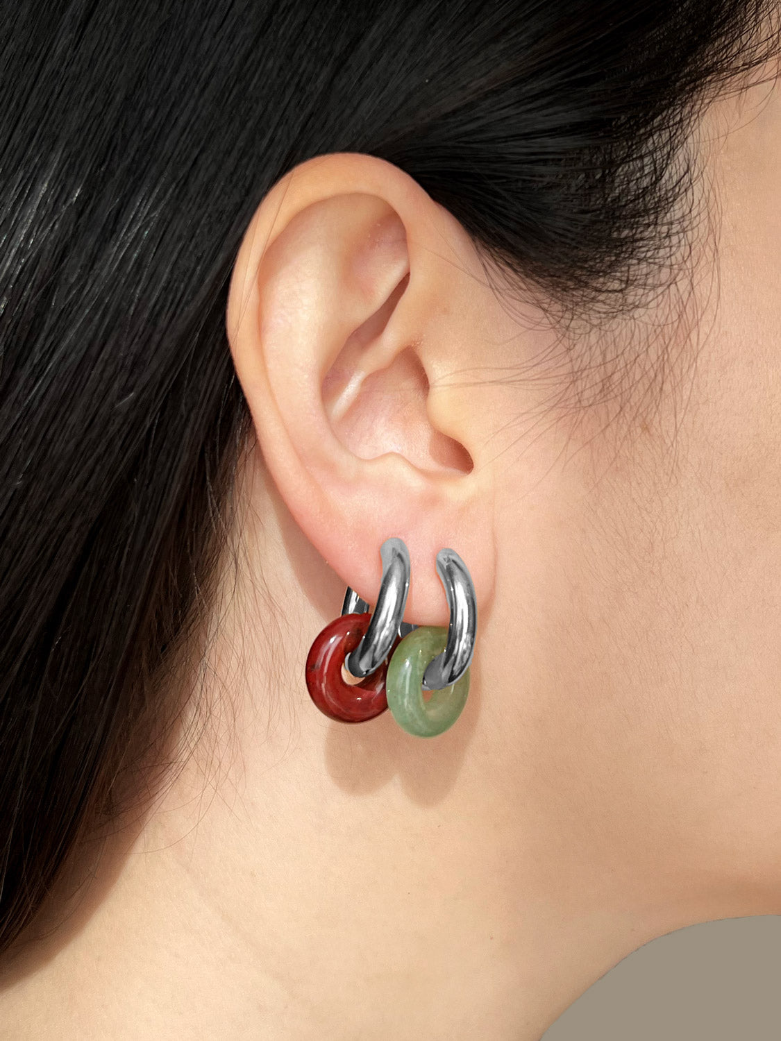 Mini Donut Hoops  Silver   Red Jasper   Green Aventurine   model