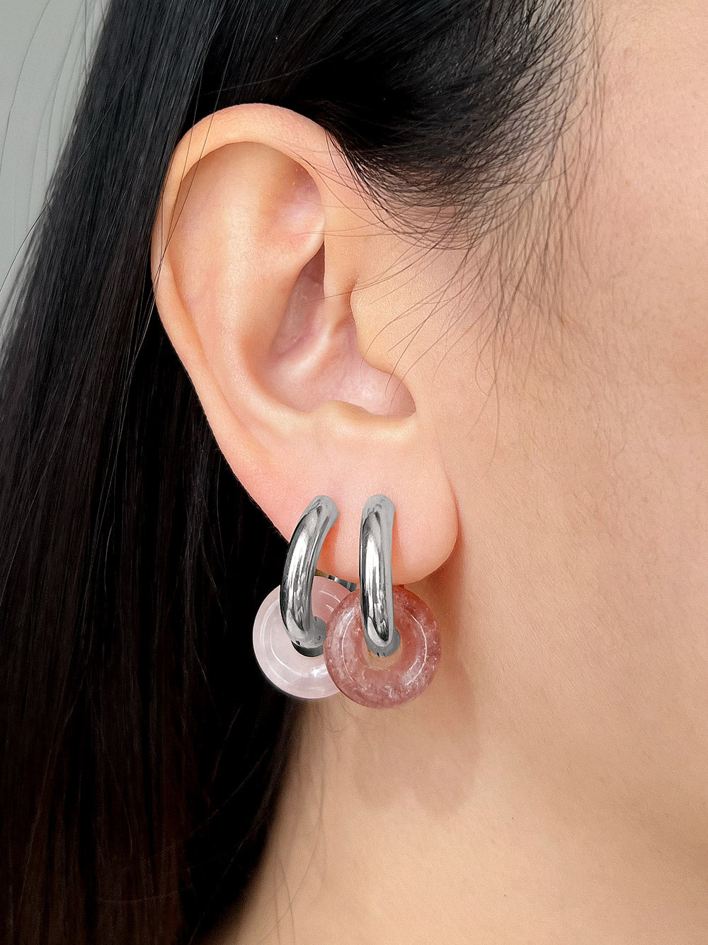 Mini Donut Hoops  Silver   Strawberry Quartz   Rose quartz model