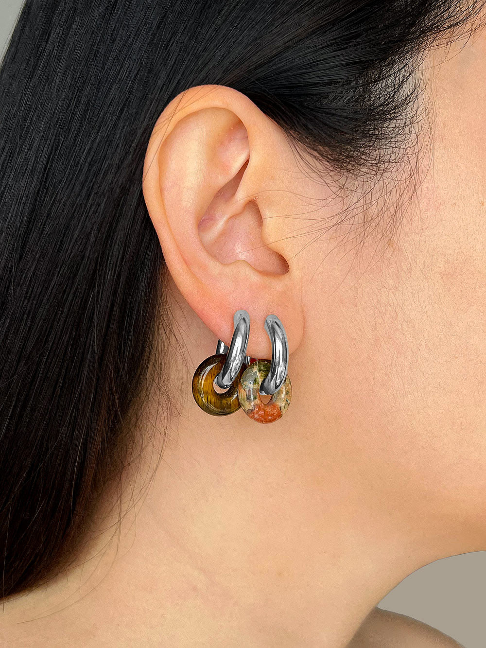 Mini Donut Hoops, Silver - Tiger Eye