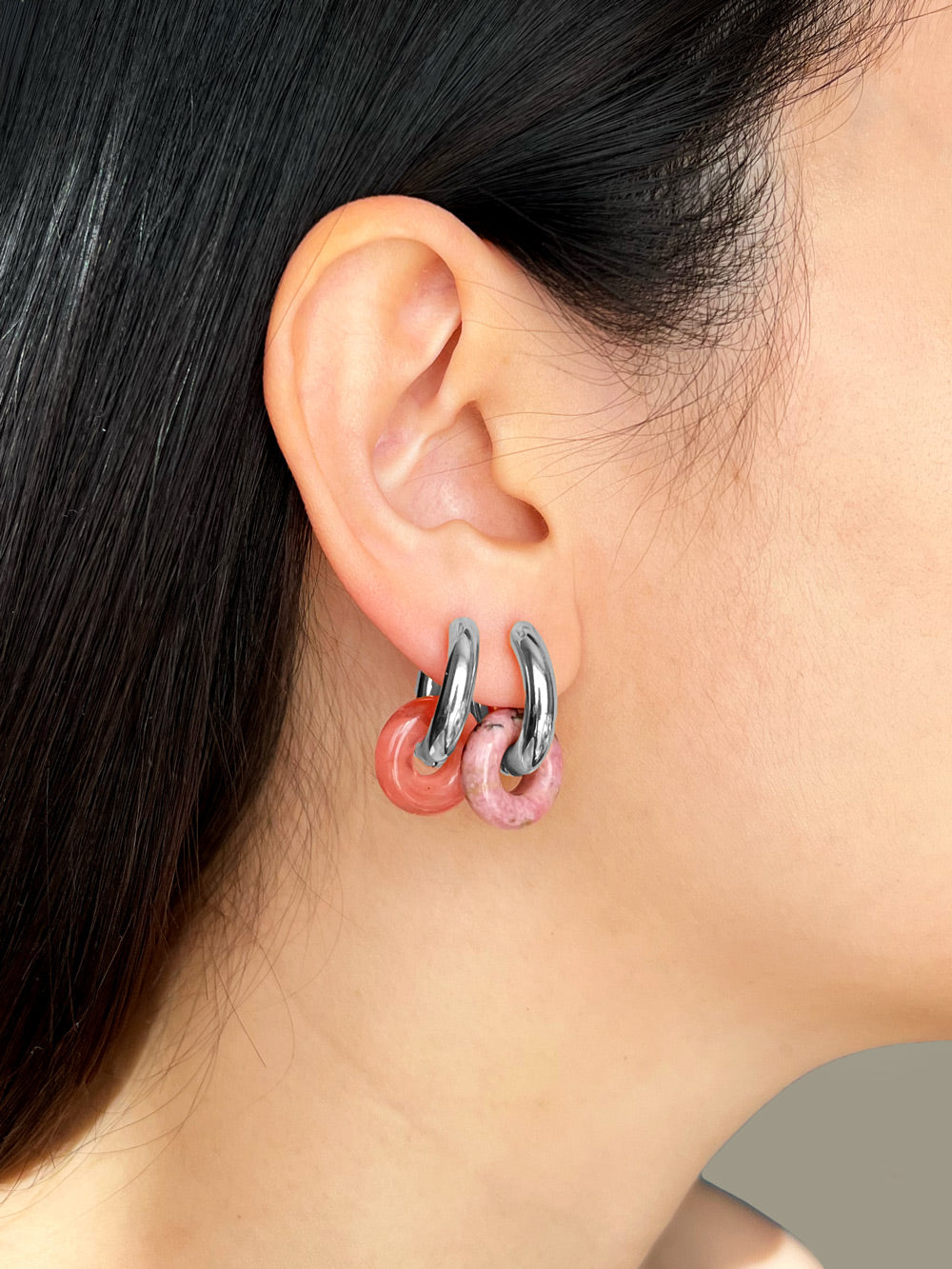 Mini Donut Hoops, Silver - Black Pink Marble