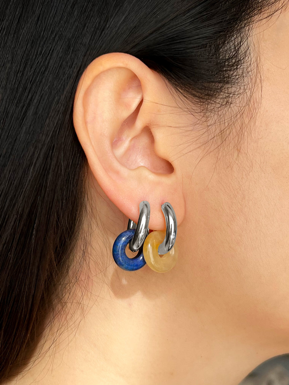 Mini Donut Hoops, Silver - Lapis Lazuli