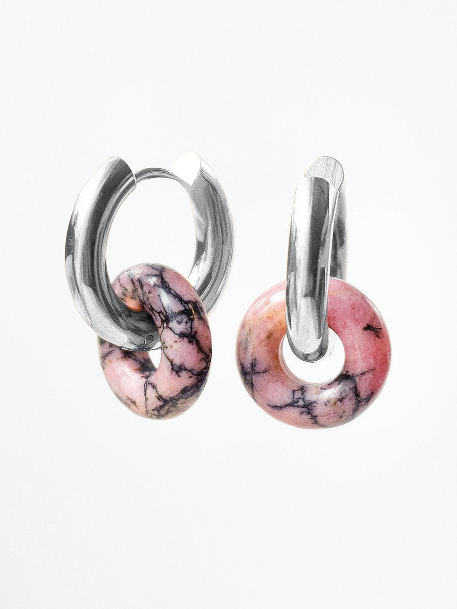 Mini Donut Hoops, Silver - Black Pink Marble