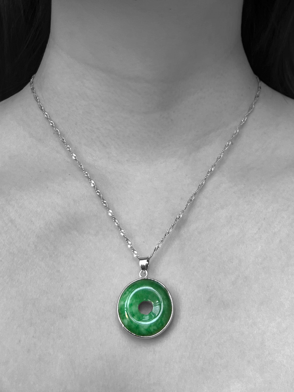 Molten edged Jade Donut Necklace   Silver bw
