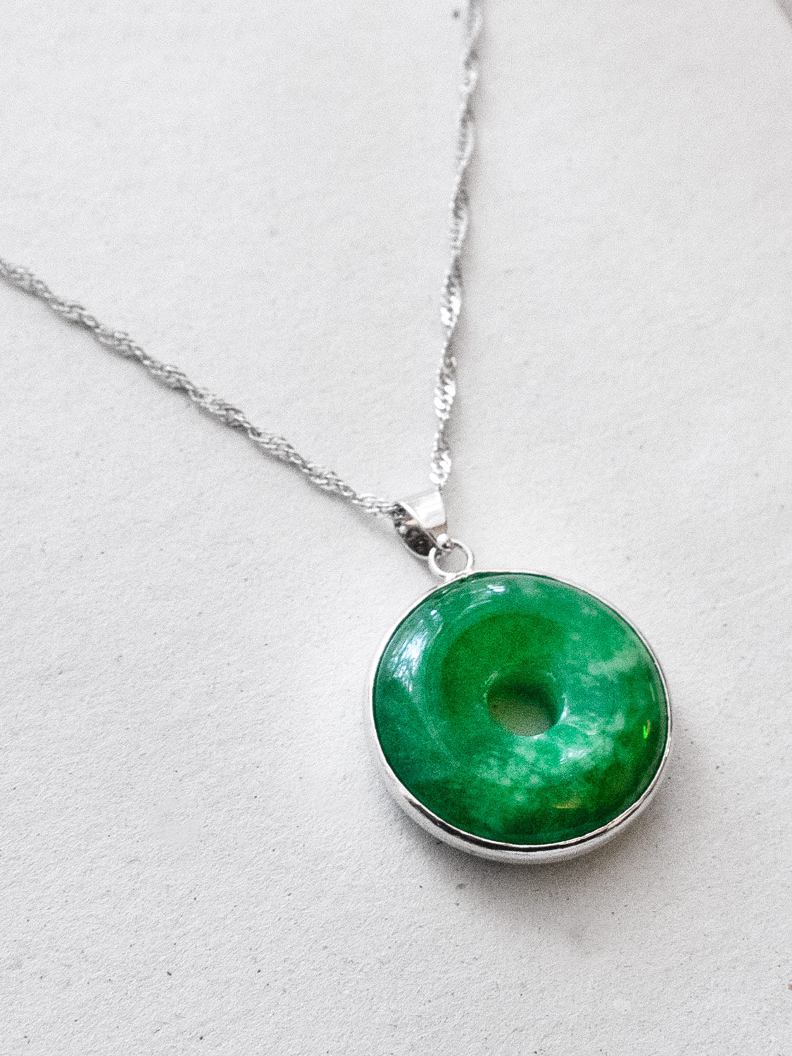 Molten-edged Jade Donut Necklace - Silver