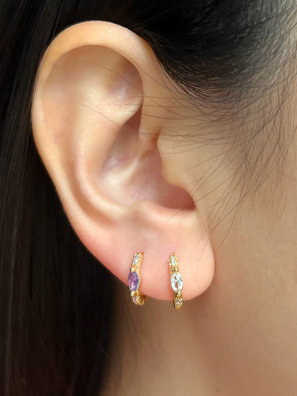 Oval Gemstone Huggies  S925   Clear purple  Gold