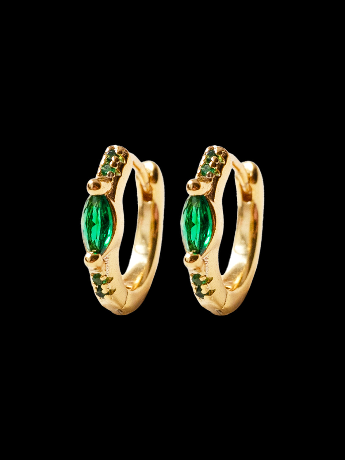 Oval Gemstone Huggies  S925   Emerald Green  Gold black