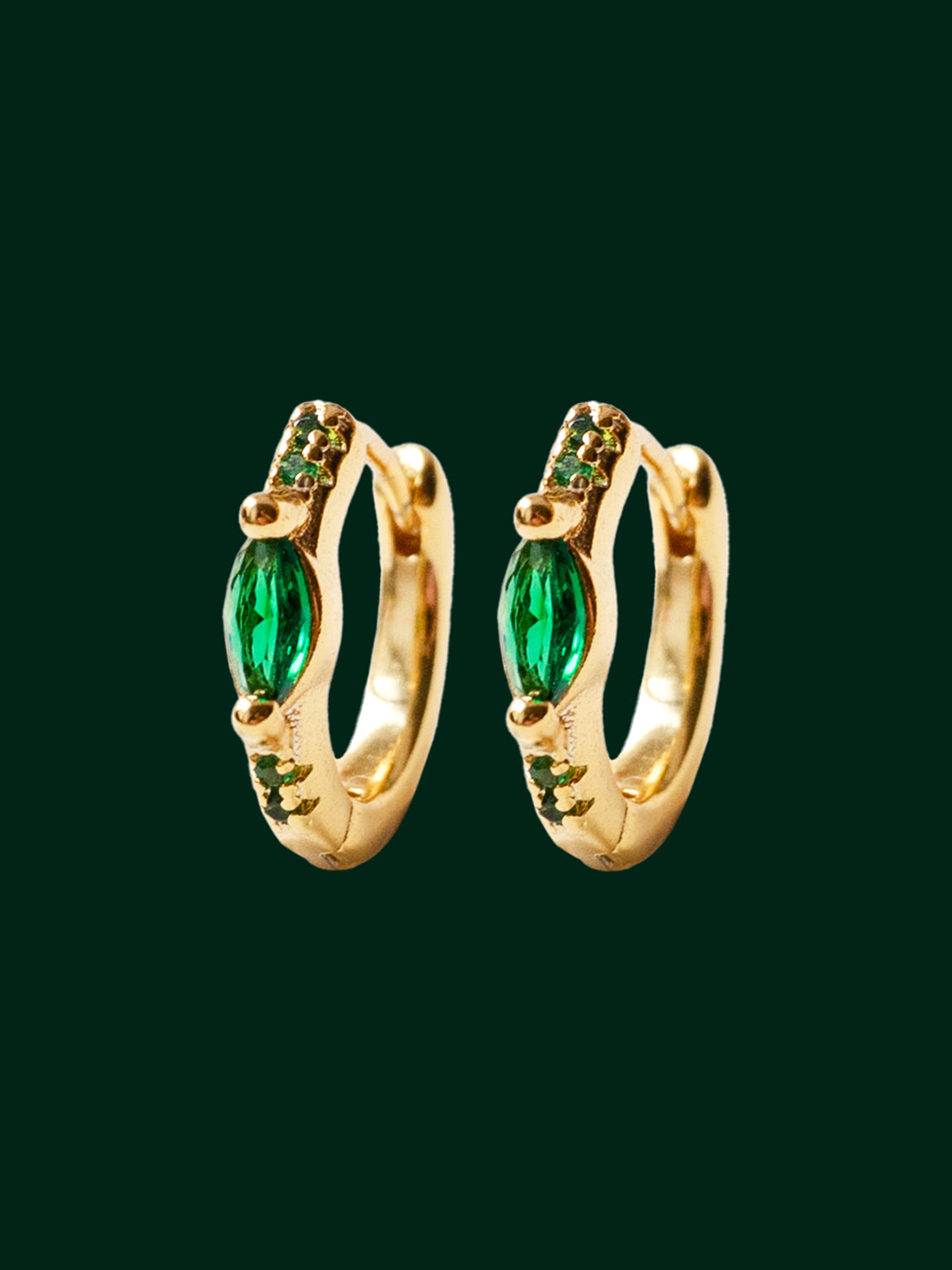 Oval Gemstone Huggies, S925 - Emerald Green, Gold