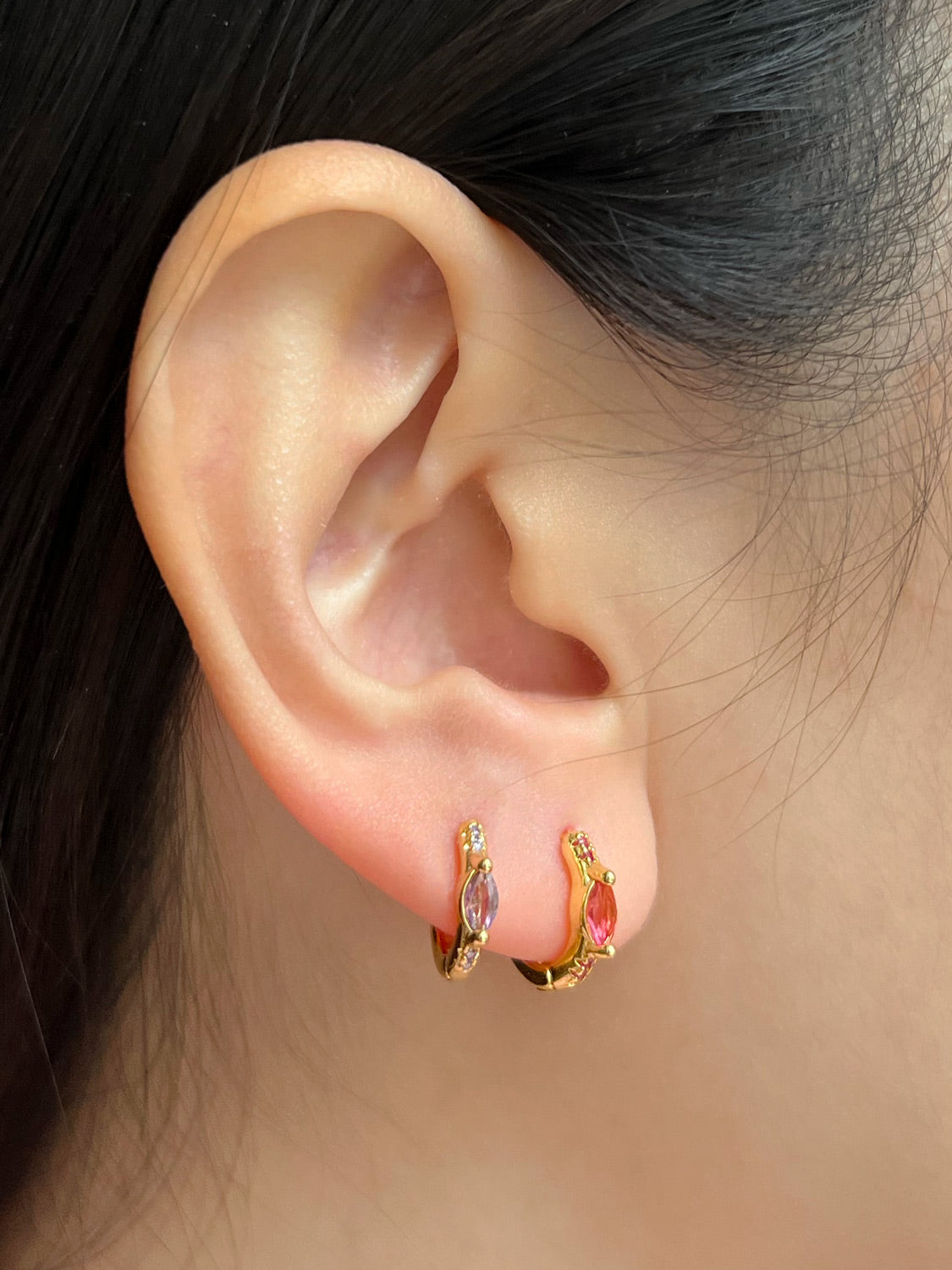 Oval Gemstone Huggies, S925 - Purple, Gold