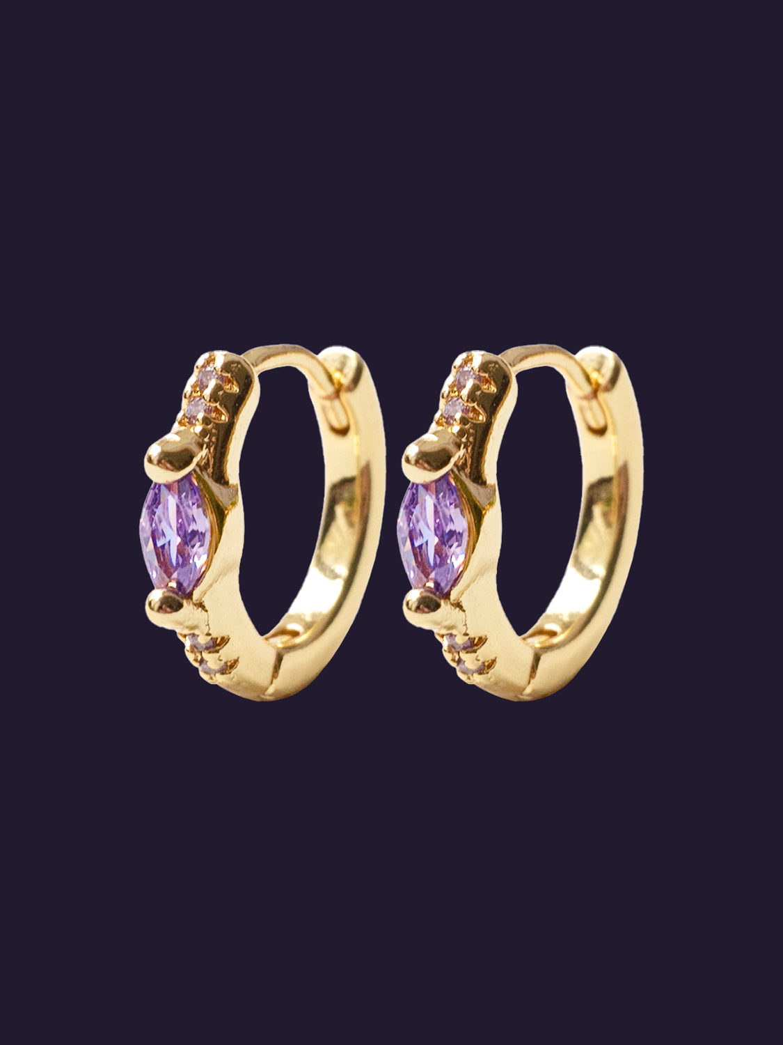 Oval Gemstone Huggies  S925   Purple  Gold purple