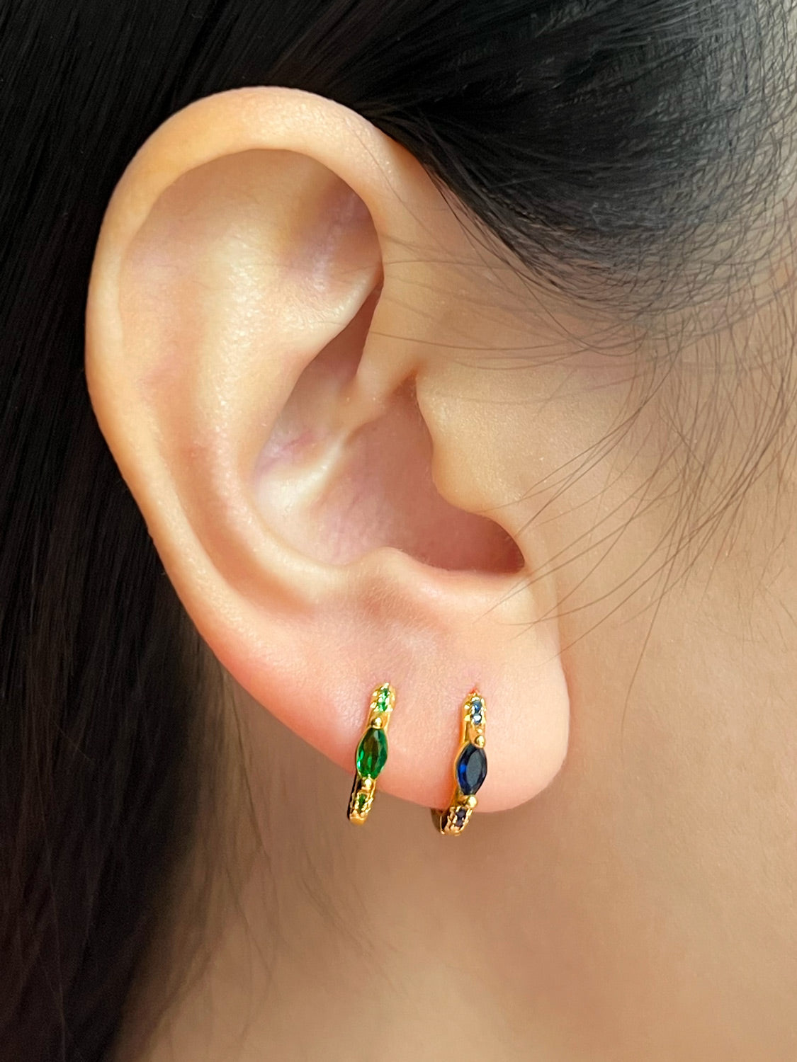 Oval Gemstone Huggies  S925   Royal Blue Emerald Green  Gold