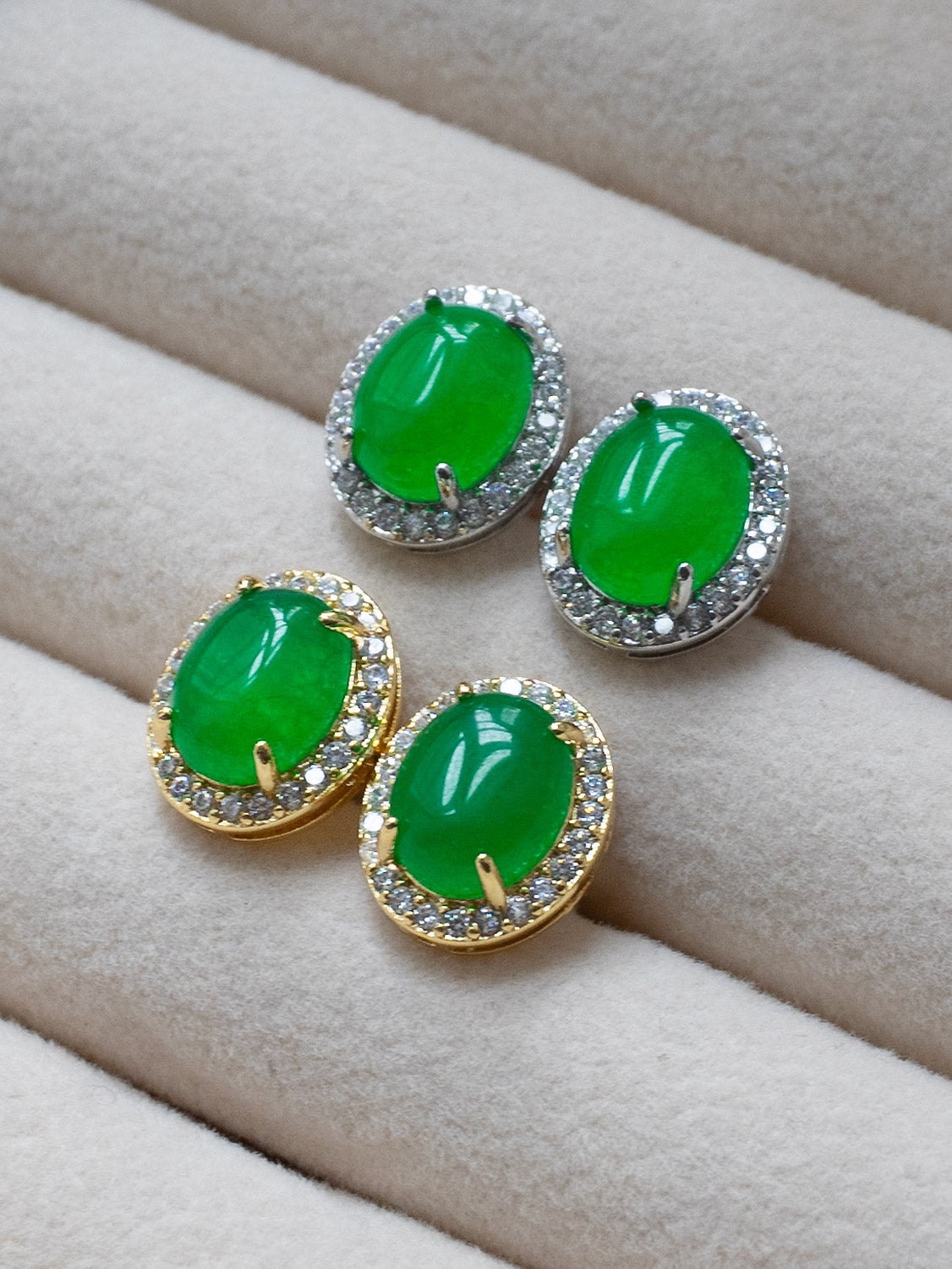 Oval Jade Gemstone Pavé Earstuds - Dark Green, Gold