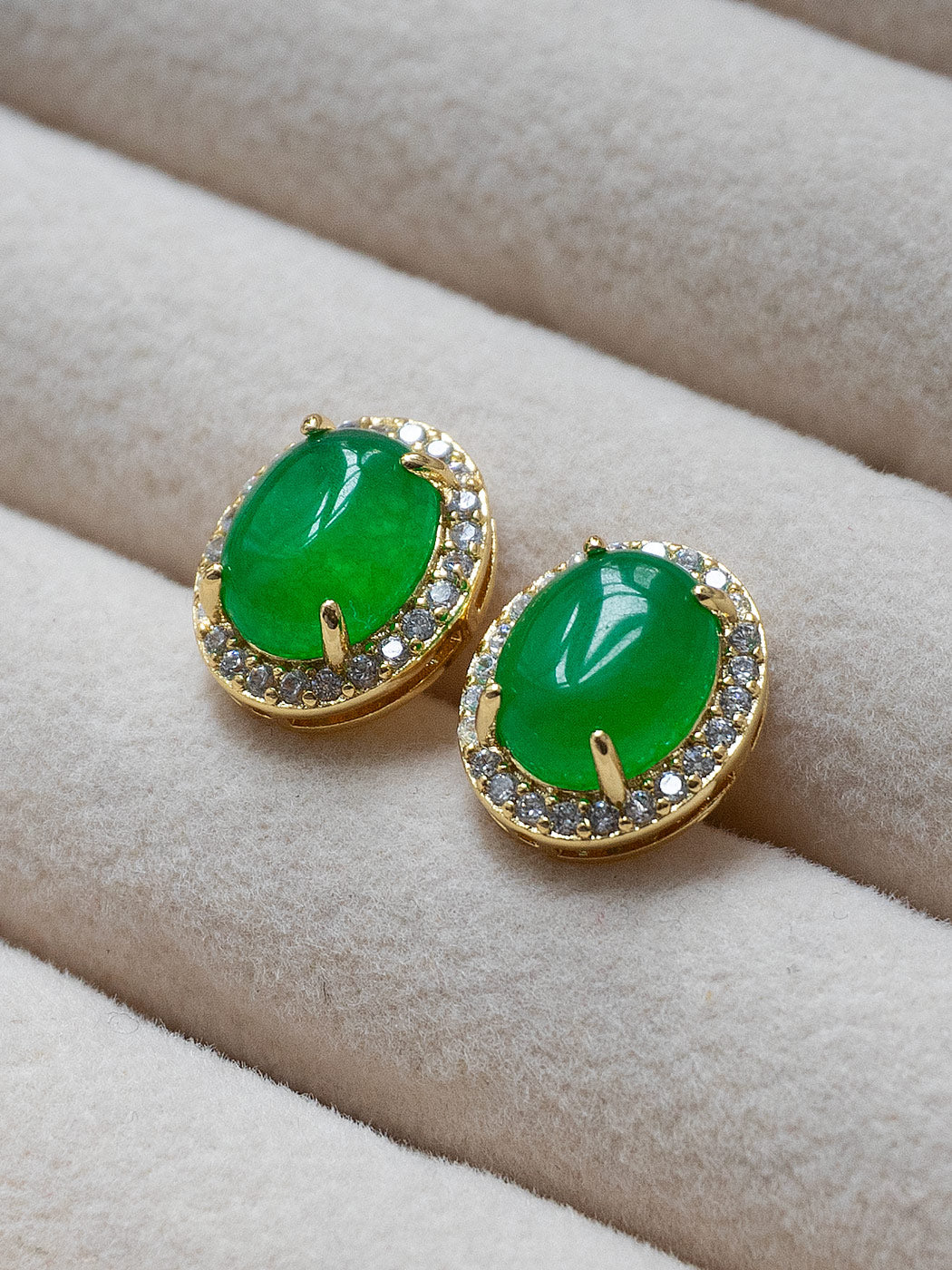 Oval Jade Gemstone Pavé Earstuds - Dark Green, Gold