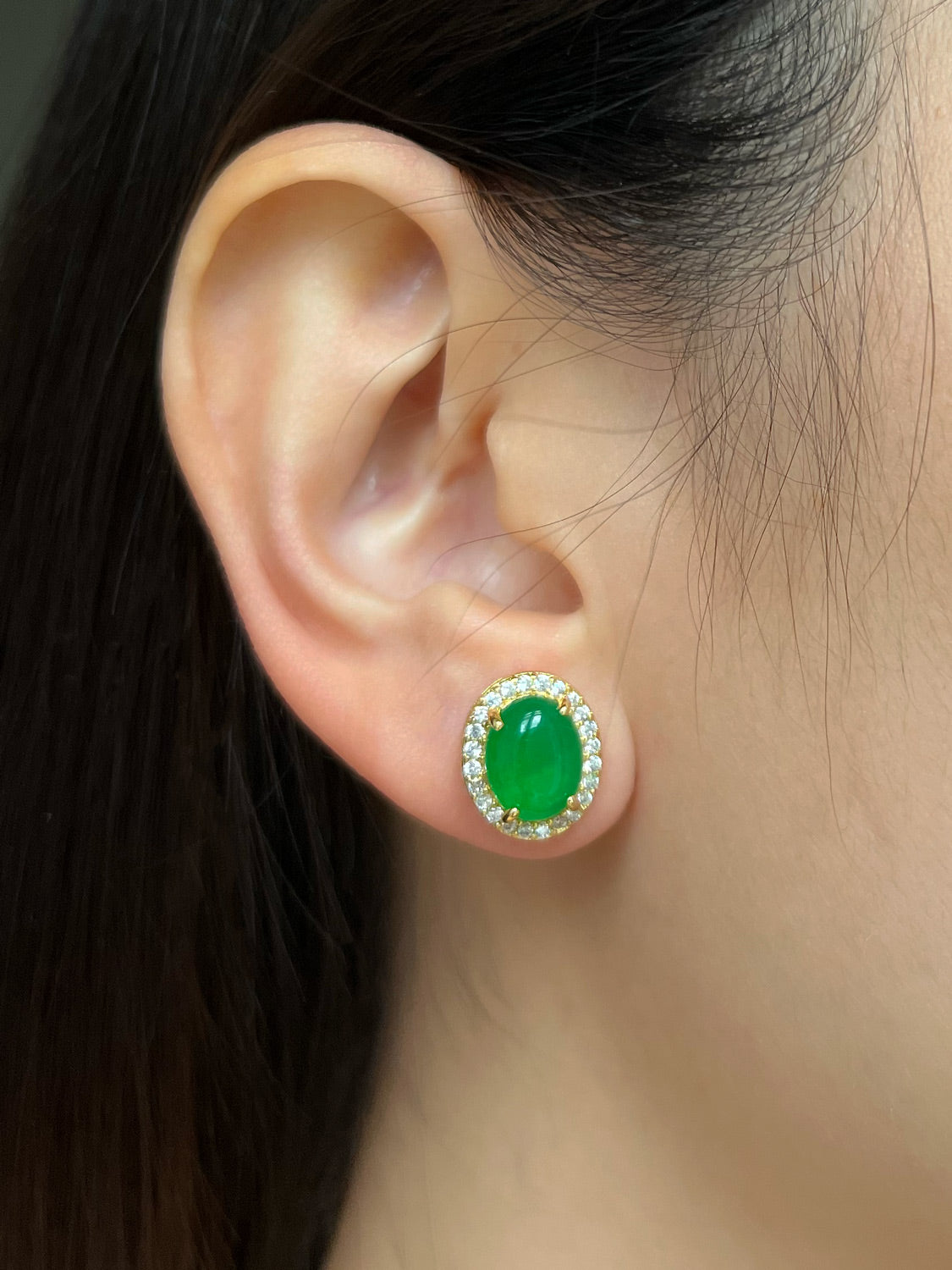 Oval Jade Gemstone Pavé Earstuds - Dark Green, Gold
