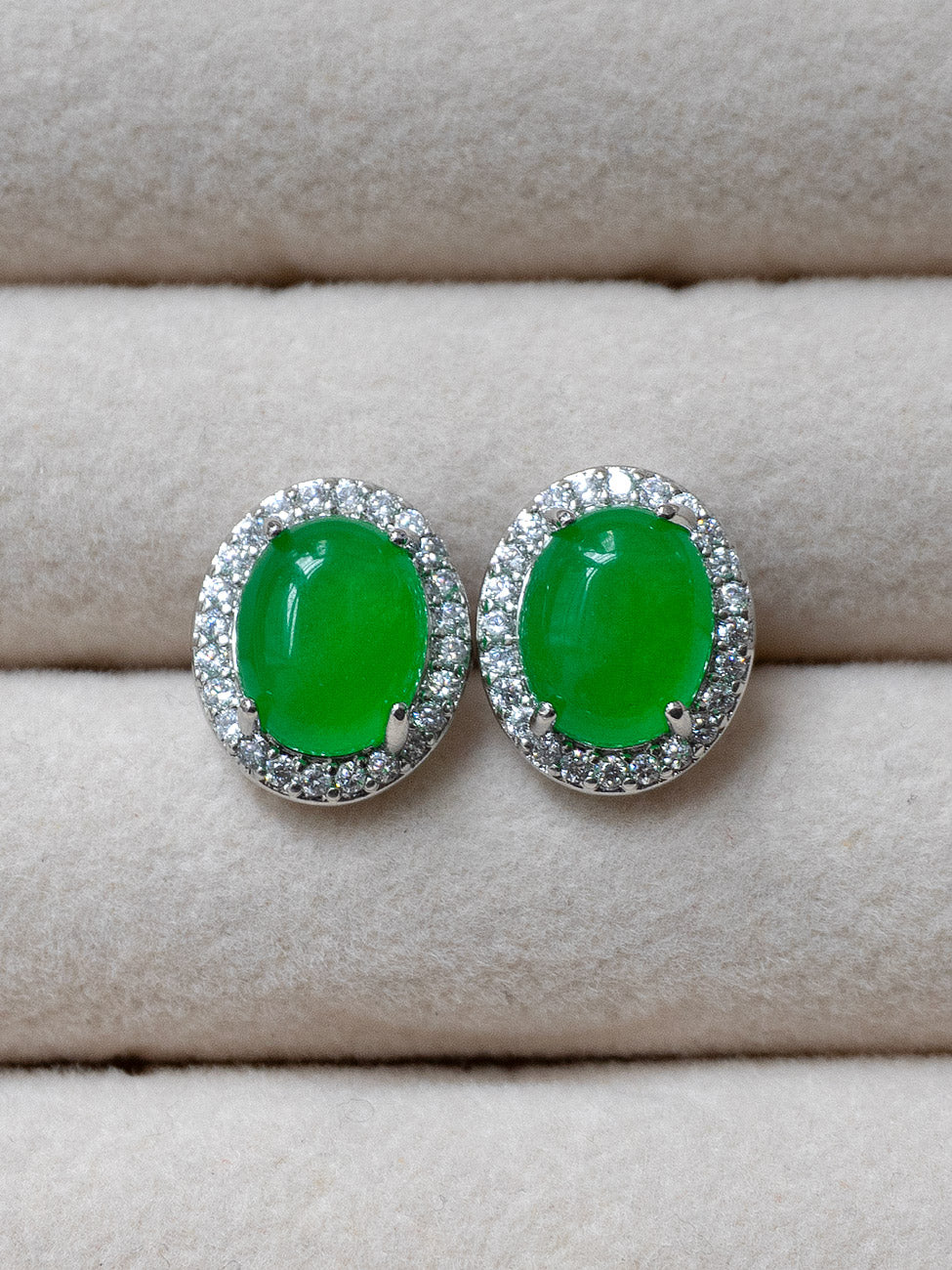 Oval Jade Gemstone Pavé Earstuds - Dark Green, Silver