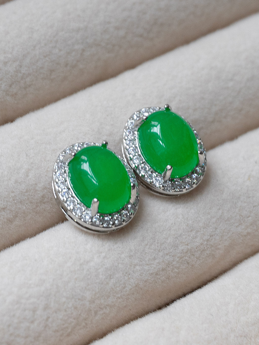 Oval Jade Gemstone Pavé Earstuds - Dark Green, Silver