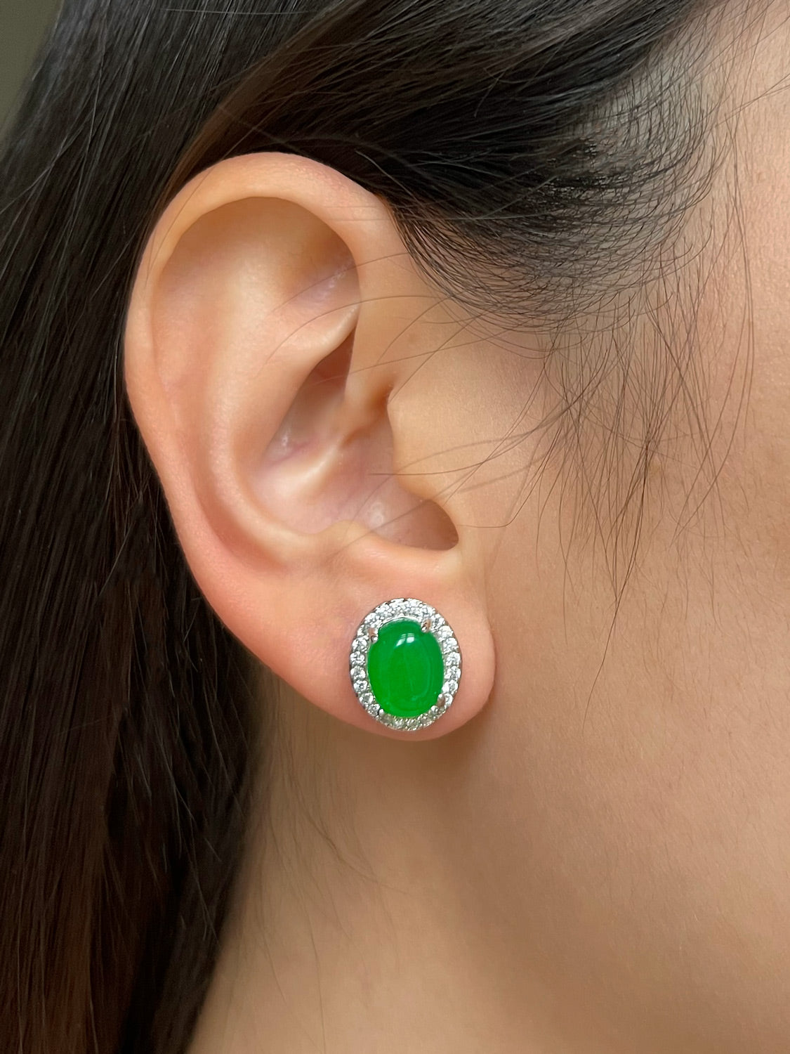 Oval Jade Gemstone Pavé Earstuds - Dark Green, Silver