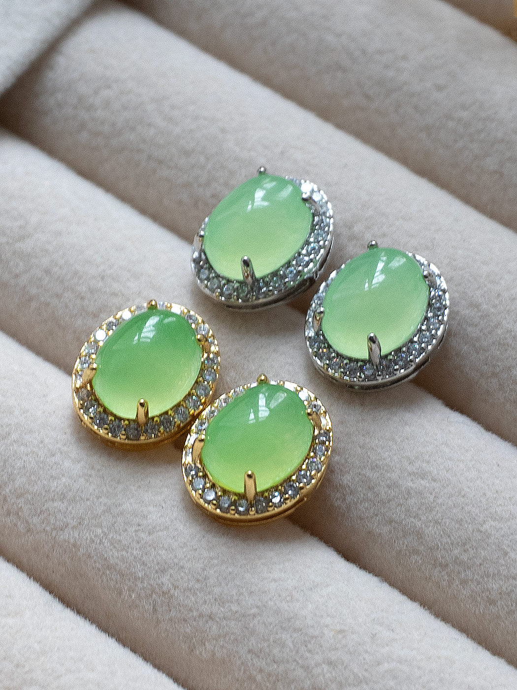 Oval Jade Gemstone Pavé Earstuds - Light Green, Gold