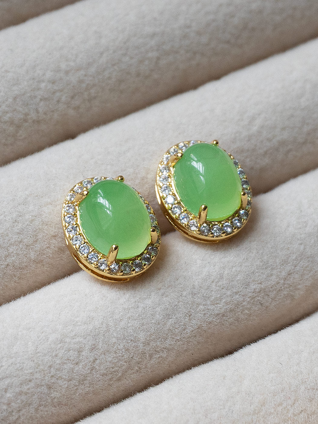 Oval Jade Gemstone Pavé Earstuds - Light Green, Gold